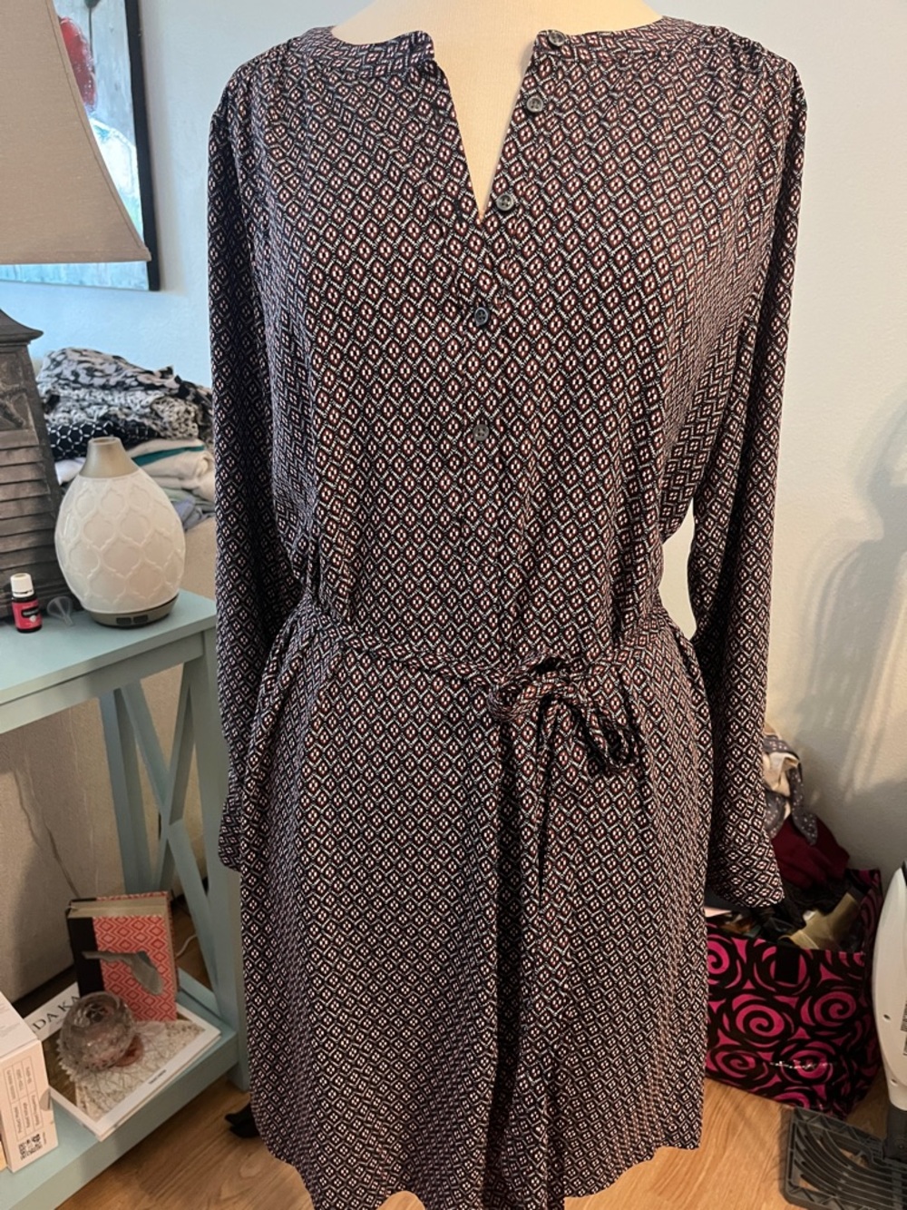 LOFT Diamond-Print Long Sleeve Tie-Waist Dress -NEW